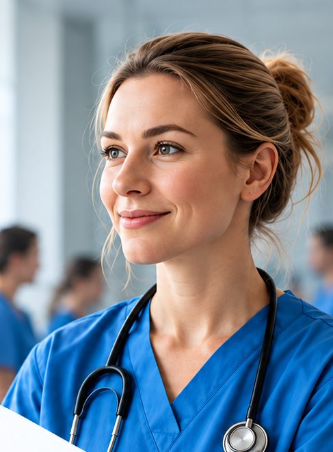 Verpleegkundige in blauw uniform met stethoscoop